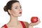 Woman holding a dark red Apple. healthy eating