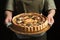 Woman holding delicious homemade quiche with mushrooms against black background, closeup