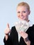 Woman holding dollars with thumb up