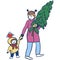 Woman holding fir-tree with child and funny snowbird vector illustration