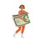 Woman Holding Folded Dollar Banknote as Earning Gaining Vector Illustration