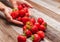 Woman is holding fresh strawberries in hands on wood table