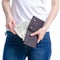 Woman holding in hand money dollars wallet