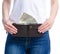 Woman holding in hand money dollars wallet