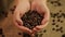 Woman holding handful of flavorful roasted coffee beans, world\'s favorite drink