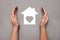 Woman holding hands around paper silhouette of house on grey background, top view. Insurance concept