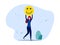 Woman holding a happy emoji. Yellow emoticon with a smile. looking at the world well and being happy