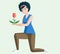 Woman holding lonely flower and inhale its aroma. Vector gardener with red tulip in cartoon style