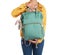 Woman holding maternity backpack with baby accessories on white background