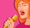 Woman holding microphone singing, singer artist symbol concept in cartoon illustration vector