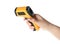 Woman holding non-contact infrared thermometer on background, closeup