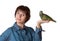 Woman holding a parrot