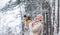 Woman holding photo camera. taking picture in winter forest. Photographer photographing on snowy winter day. happy woman