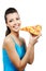 Woman holding piece of pizza