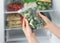 Woman holding plastic bag with frozen brussels sprouts near open refrigerator