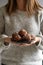 A woman holding a plate of oliebollen (Dutch doughnuts) dusted with icing sugar