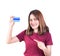 Woman holding Pointing finger credit card. closeup on white background