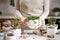 Woman holding potted Senecio Rowley house Plant in white ceramic pot