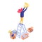 Woman holding rating star isometric illustration. Female shop assistant, seller standing on ladder and decorating store