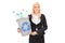 Woman holding a recycle bin full of plastic bottles