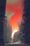 Woman holding red smoke flare on street in abandoned city