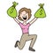 Woman holding runaway savings money bag