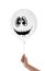 Woman holding spooky balloon for Halloween party on white background