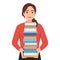 Woman holding stack of books. Bookstore, bookshop, library, book lover, bibliophile, education concept. Isolated vector