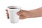 Woman holding styrofoam cup with coffee on white background, closeup