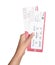 Woman holding tickets on white background, closeup. Travel agency concept