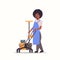 Woman holding trolley cart with supplies african american female cleaner janitor in uniform cleaning service concept