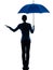 Woman holding umbrella palm gesture silhouette