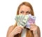 Woman holding up cash money five one fifty hundred euro in one h