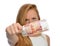 Woman holding up cash money five thousand russian rubles note in