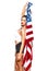 woman holding USA flag at white wall