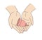 Woman holding and using menstrual cup during period. Doodle icons