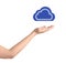 Woman holding virtual cloud icon on background, closeup of hand. Data storage concept