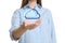 Woman holding virtual clouds icon on background, closeup of hand. Data storage concept