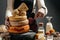 Woman holding a wheels of hard cheese. cheesemaker on dark background