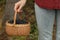 Woman holding wicker basket with delicious bilberries outdoors, closeup