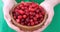 Woman holding wooden bowl full of frozen ripe cranberries in her hands.