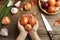 Woman holding yellow onion bulbs over table