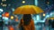 Woman holding a yellow umbrella in the rain under the orange sky at midnight