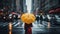 A Woman is holding a yellow umbrella and walking on a city street. Rainy weather.