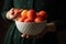 Woman holds bowl with apricots close up