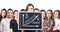 Woman holds chalkboard with financial graph