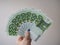 A woman holds in her hand a lot of banknotes in denominations of 100 euros fan