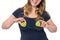 Woman holds kiwi above her breast - plastic surgery concept