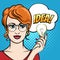 Woman Holds Light Bulb with Speech Bubble drawn in Pop Art Style. Vector illustration