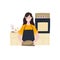 Woman holds ready-made bread in her hands. Home baking, cooking homemade bread. Cartoon hand drawn doodle style concept